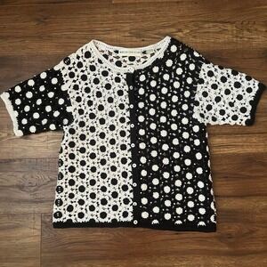 Vintage‎ Black White Crochet Cardigan Sweater Beading Boho Cottagecore Fairy